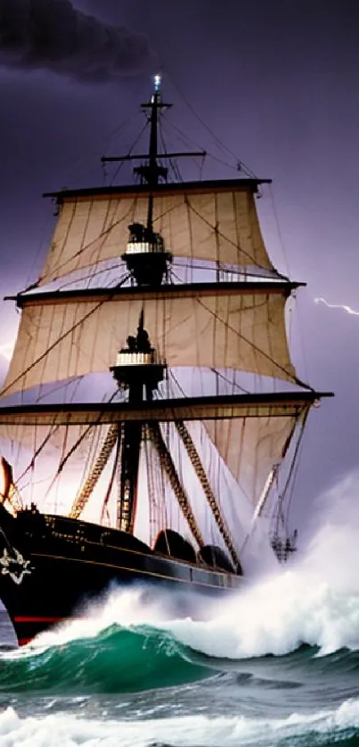 Majestic ship sailing through stormy seas with lightning in the background.