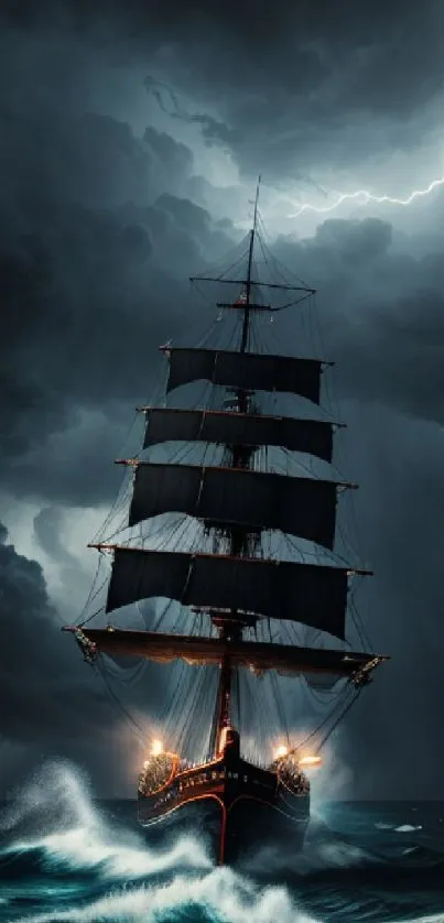 Ship sailing through stormy ocean under lightning-filled sky.