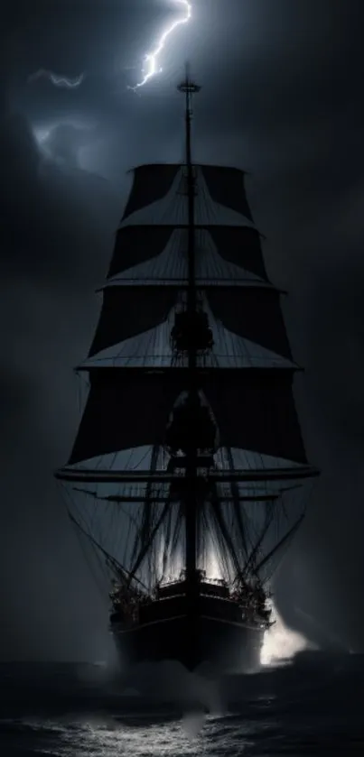 Majestic ship during a storm with lightning in the background.