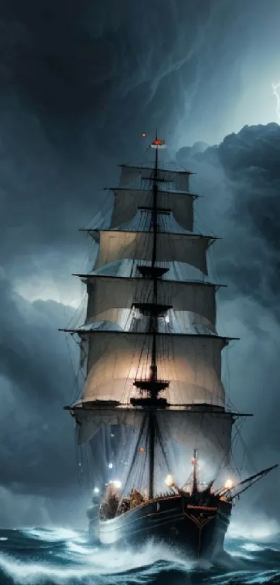 Majestic ship sails through stormy seas with lightning striking in the background.