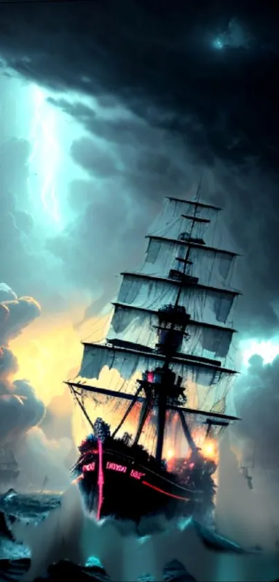 Vibrant wallpaper of a ship in a dramatic stormy sea.