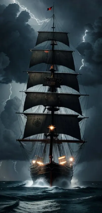 Sailing ship in a stormy sea with lightning illuminating the dark sky.