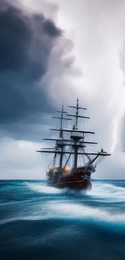 Ship sails through stormy sea with lightning and dark clouds.