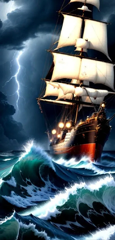 Dramatic ship sailing through stormy seas with lightning.