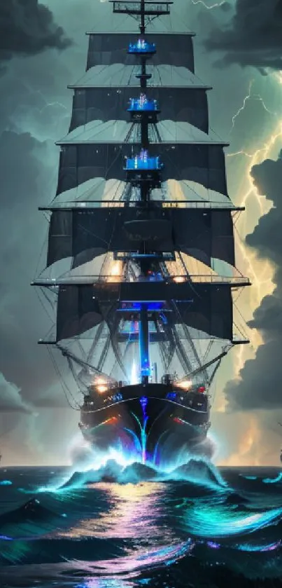 Majestic ship sailing through stormy seas with lightning in the background.