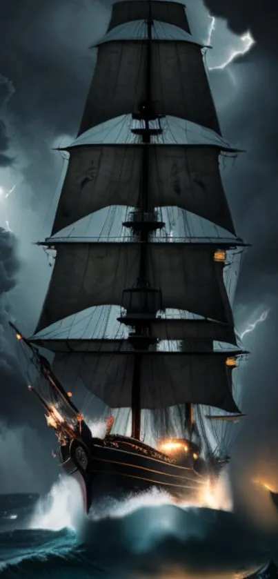 Majestic ship sailing through a storm with dark clouds and lightning.