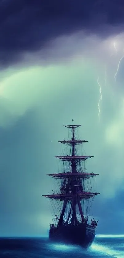 A ship sails through a stormy sea with lightning illuminating the dark sky.