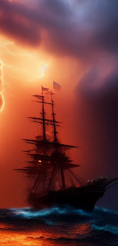 Ship sailing through a stormy sea with lightning in the sky.