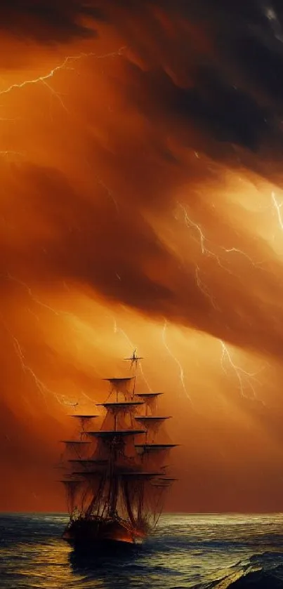 A ship sailing through a stormy sea with orange lightning in the sky.