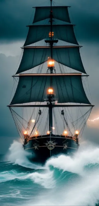 Dramatic ship sailing through stormy seas with crashing waves and lightning.