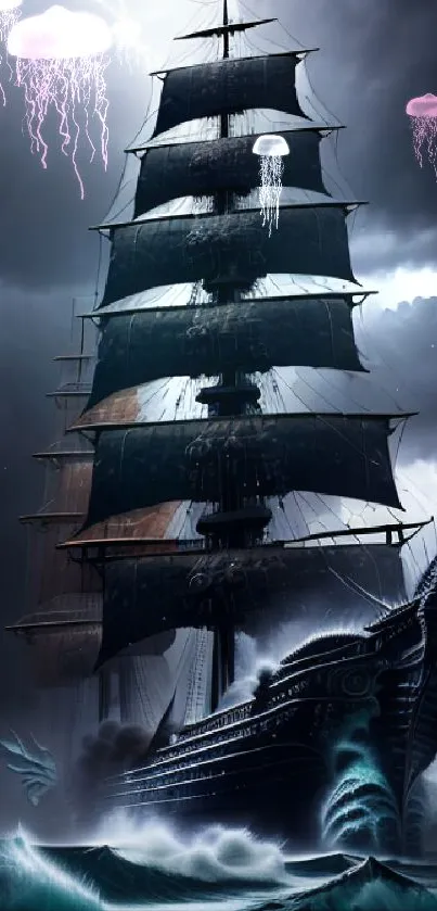 Dramatic ship sailing through stormy seas with dark clouds and fierce waves.