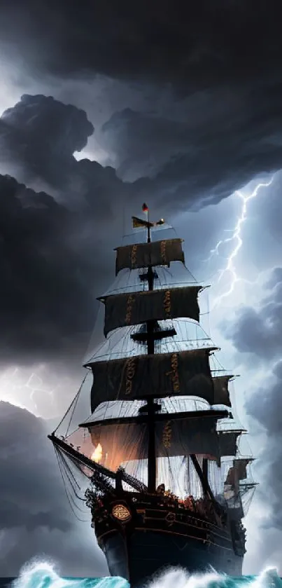 Majestic ship on stormy sea with lightning in dramatic sky.