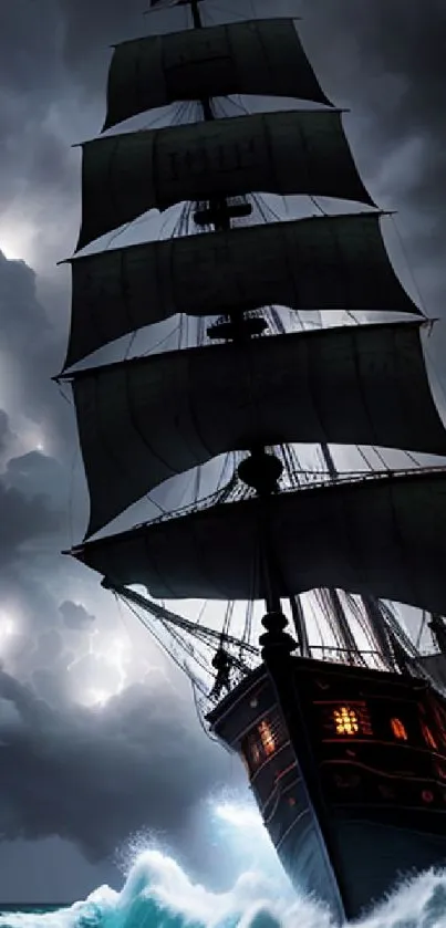 Majestic ship sails through stormy seas with dramatic skies in this wallpaper image.