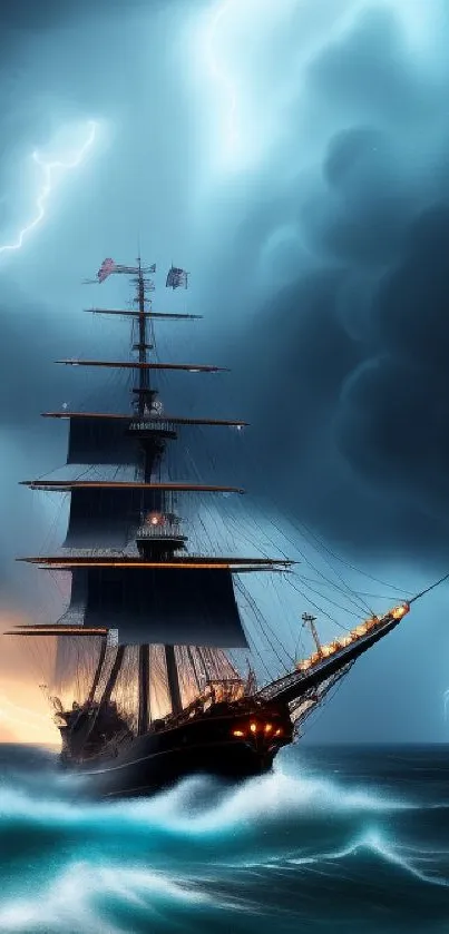 Ship sailing through stormy sea with lightning and dark skies.