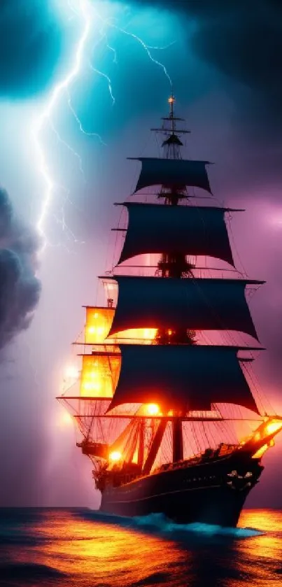 Tall ship illuminated by lightning in a stormy sea, creating a dramatic scene.