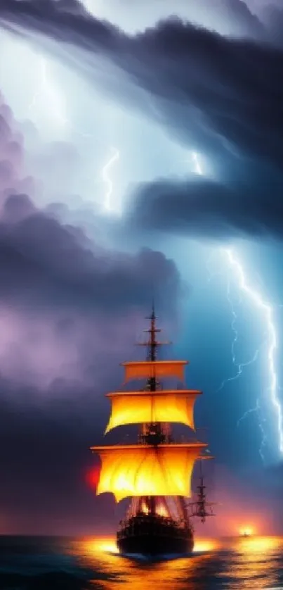 Ship sailing in storm with lightning, illuminated by vibrant blue light.