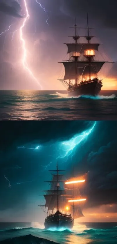 Ship on stormy sea with striking lightning, creating a dramatic scene.