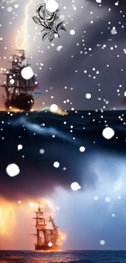 Wallpaper of ships sailing a stormy sea with lightning and snow effect.