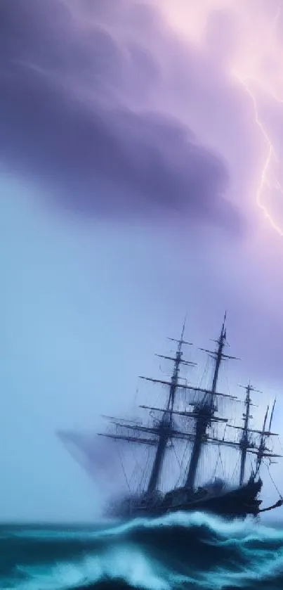 Tall ship in a stormy ocean under a lightning sky.