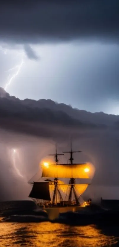 Ship sailing under dark stormy clouds with lightning.