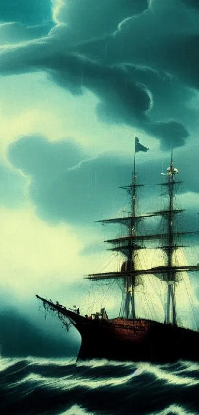 A ship sails through stormy seas with dark clouds looming overhead.