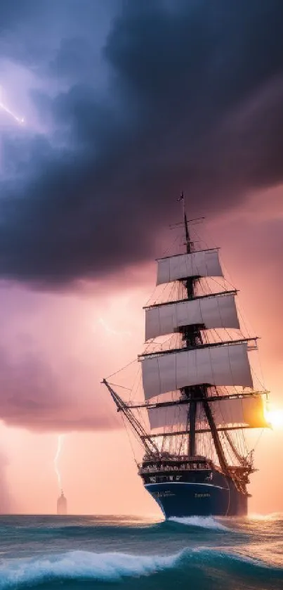 A ship sails through a stormy sea under lightning and a vibrant sunset.