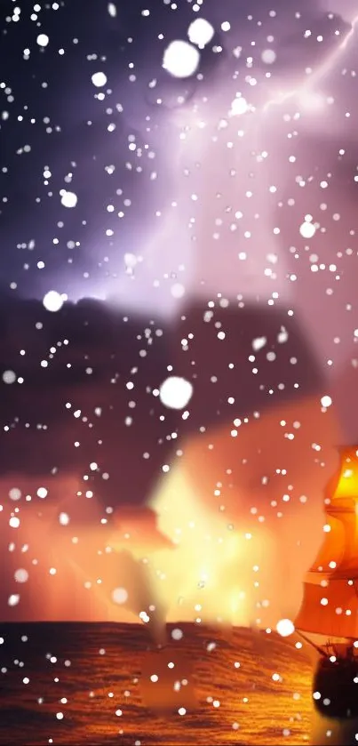 Ship at sea during a storm with snow and lightning.