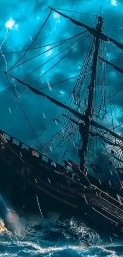 Ship battling stormy sea with lightning and dark clouds.