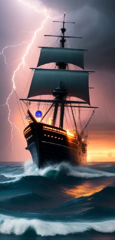 Ship sailing through stormy seas during a lightning storm with dramatic skies.