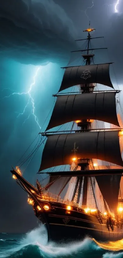 Pirate ship on stormy sea with lightning.