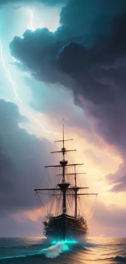 A majestic ship braves a stormy sea under an electrifying sky.