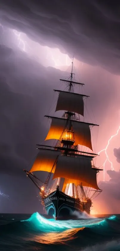 Majestic ship sailing in a storm with lightning illuminating the dark sky.