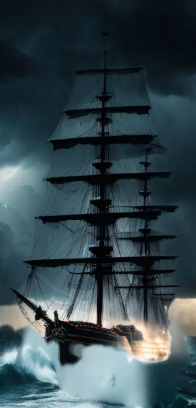 Tall ship sailing through a stormy sea with dramatic skies.