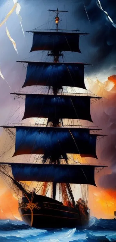 Sailing ship navigating stormy ocean with dramatic skies and vibrant sunset lighting.