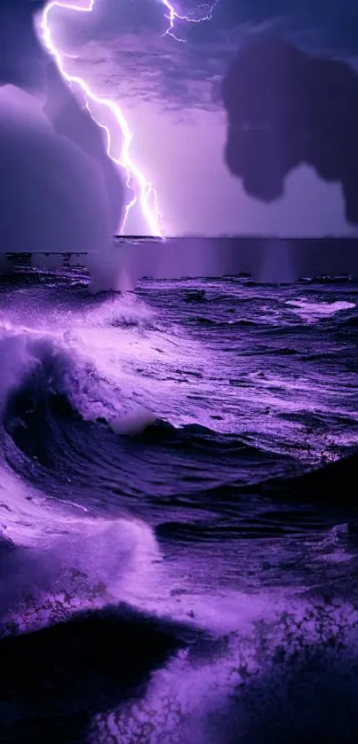 Purple lightning illuminates stormy ocean waves.