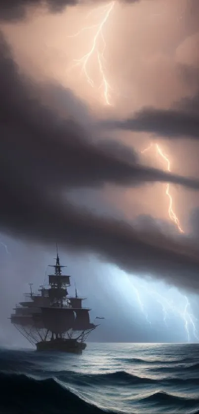 Stormy sea with ship and lightning under dark clouds.