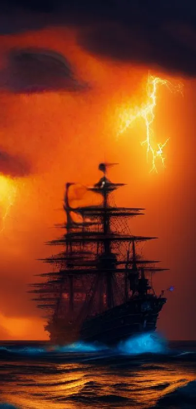 Tall ship braves stormy seas under striking lightning.