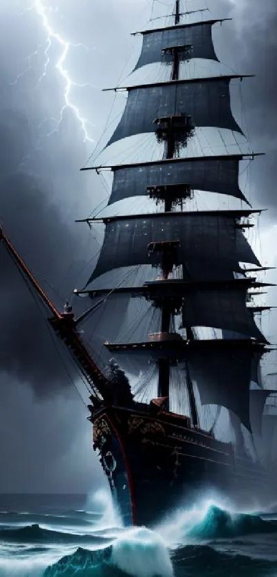 A majestic ship sails through a stormy sea with lightning and dark clouds overhead.