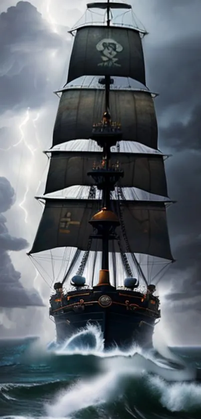 Tall ship sailing through stormy seas with dramatic sky and lightning.