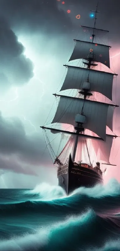 Majestic ship sailing through stormy seas with lightning in the background.