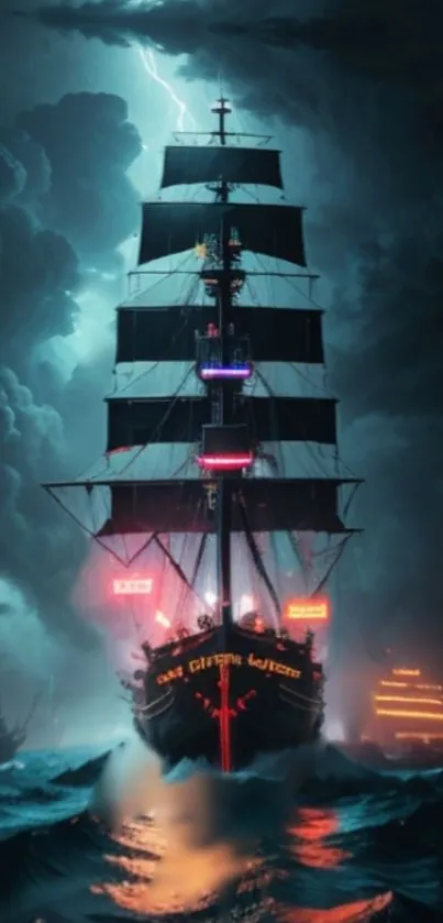 Ship navigating through dark, stormy ocean with lightning backdrop.