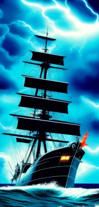 Majestic ship sails through stormy seas with lightning in a dynamic wallpaper scene.