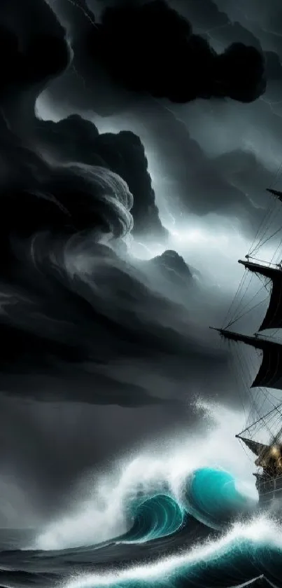 Dramatic ship on stormy ocean waves with dark, swirling skies.