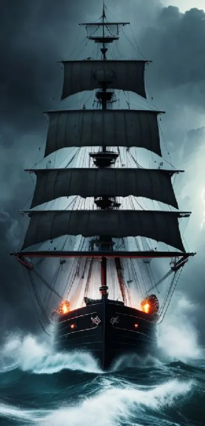 Ship sailing through stormy seas with dark sky and waves.