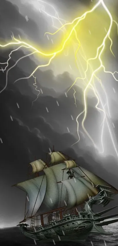 Dramatic ship sailing in lightning storm wallpaper.