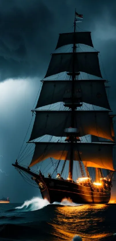 Tall ship navigating stormy seas with dramatic lightning in the background.