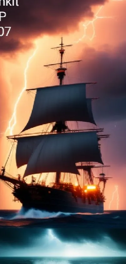 Ship sailing through stormy seas with lightning in the background.