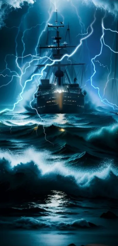 Ship sailing through lightning and waves on a stormy sea.