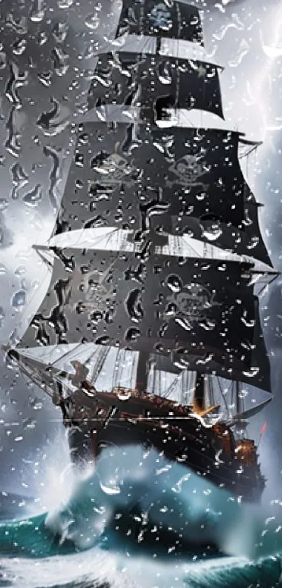 Ship battles stormy waves and rain in vivid wallpaper scene.