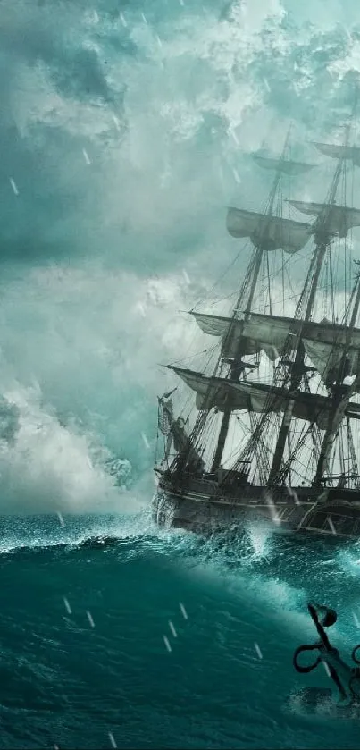 Tall ship sailing through stormy seas with dramatic waves and clouds.